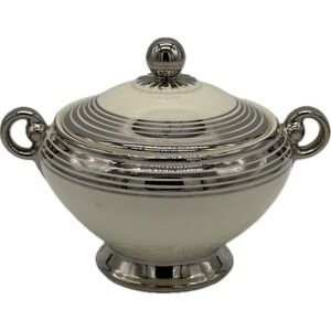 Vtg 1936 Taylor Smith Sugar Bowl USA 601 Ivory Silver Platinum Rings Lidded MCM